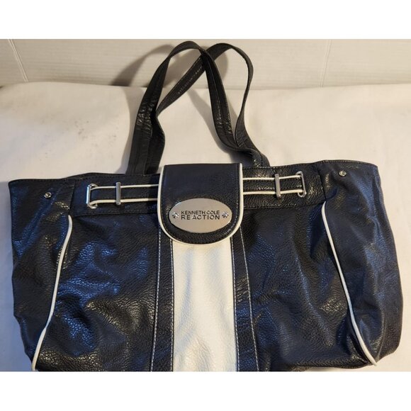 Kenneth Cole Reaction Black & White Faux Leather Tote Bag With Double Handles - Picture 2 of 8